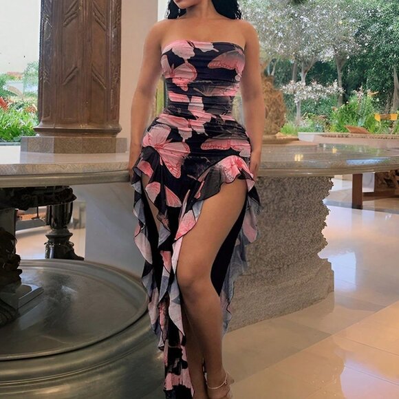 Pink Sexy Women's Butterfly Print Ruffle Hem Backless High Slit Fitted Dress - Picture 1 of 5